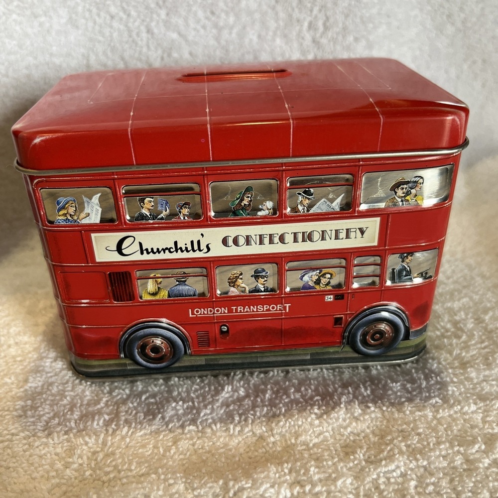 Churchill's London Transport Double-Decker Red Bus Coin Bank Tin - Picture 3 of 9